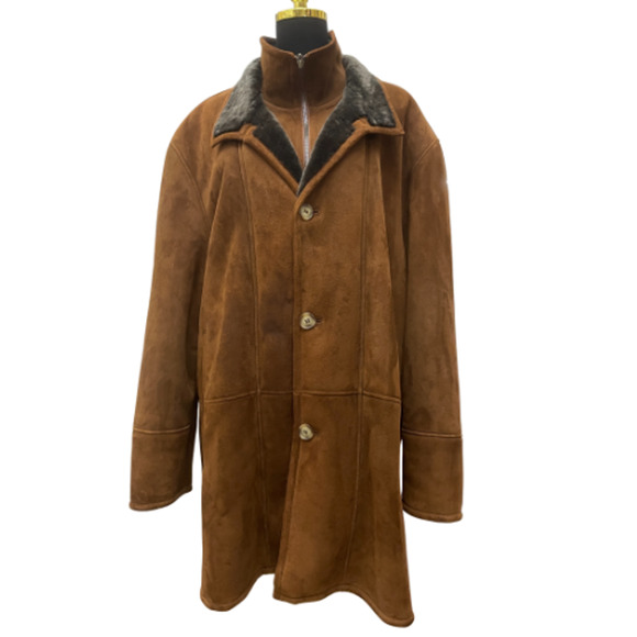 SHEARLING Original LAMBSKIN Sherpa Men's Coat Brown Suede Collar Sz 58 - Picture 2 of 11